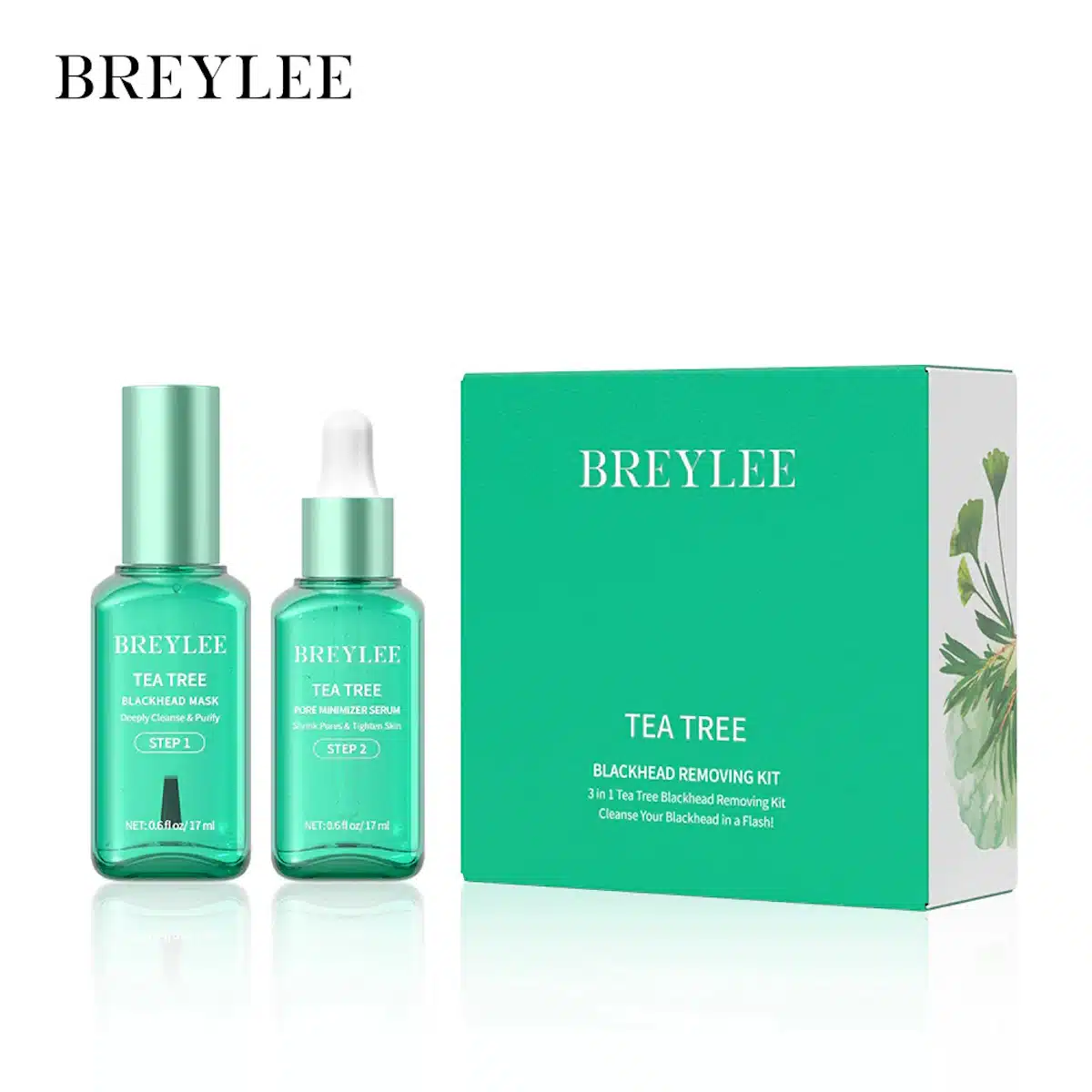 Breylee Tea Tree Blackhead Removing Kit with three green and white bottles, surrounded by leaves. - thumbnail