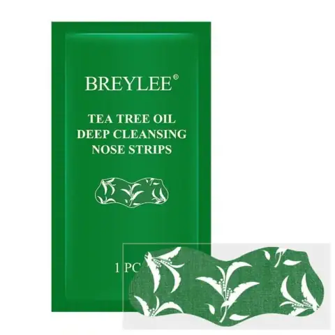 Breylee Tea Tree Nose Strips single green sachet, showing brand logo and tea tree leaf illustration.