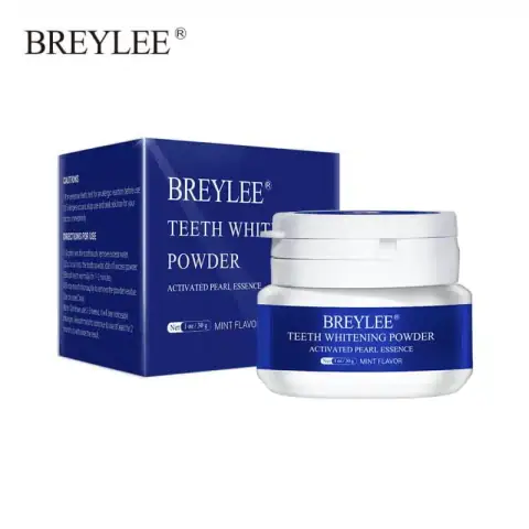 Open Breylee Teeth Whitening Powder 30gm jar showing white powder and blue scoop.