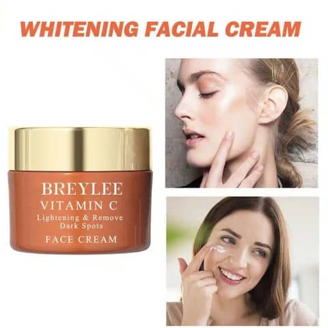 Breylee Vitamin C Whitening Facial Cream in a sleek white jar with an orange lid, front view.