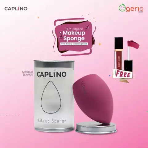 Caplino pink teardrop makeup sponge displayed with three metallic Beauty Glazed deep magenta lipsticks.
