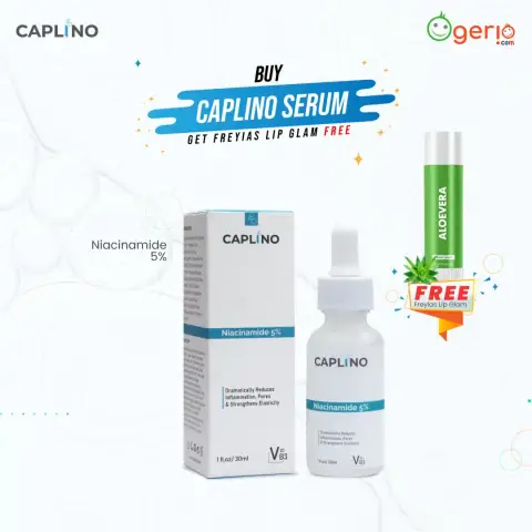 Caplino Niacinamide 5% serum in white dropper bottle with a complimentary pink Caplino lip balm.