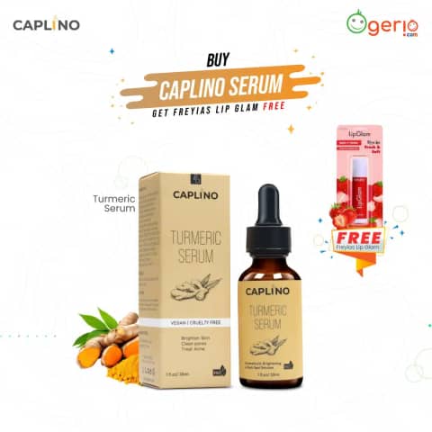 Caplino Turmeric Serum in a yellow dropper bottle displayed with a free pink lip balm.