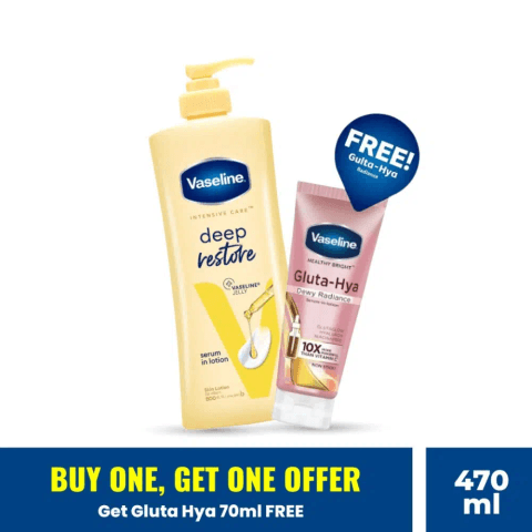 Vaseline Deep Restore 400ml lotion pump bottle alongside Gluta-Hya Dewy Radiance serum.