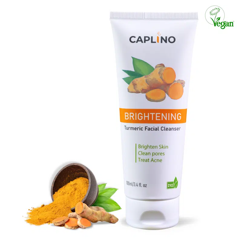 Caplino Brightening Turmeric Facial Cleanser 100ml yellow tube with white cap, displaying front label.