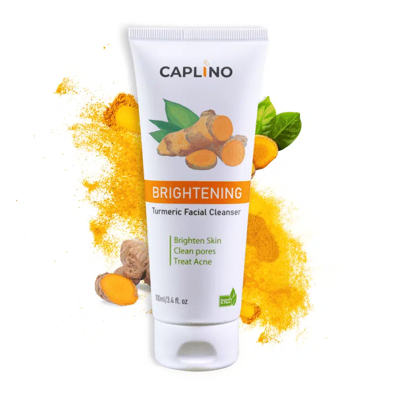 Caplino Brightening Turmeric Facial Cleanser 100ml yellow tube lying horizontally, showing back details. - thumbnail