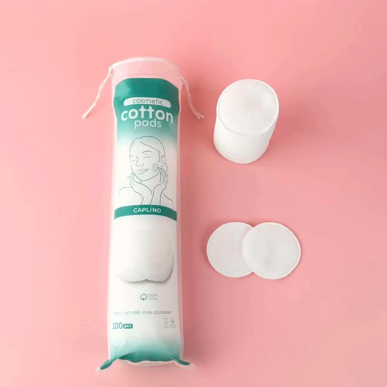 Upright Caplino 100 pcs cosmetic cotton pads package, displayed from a side angle. - thumbnail