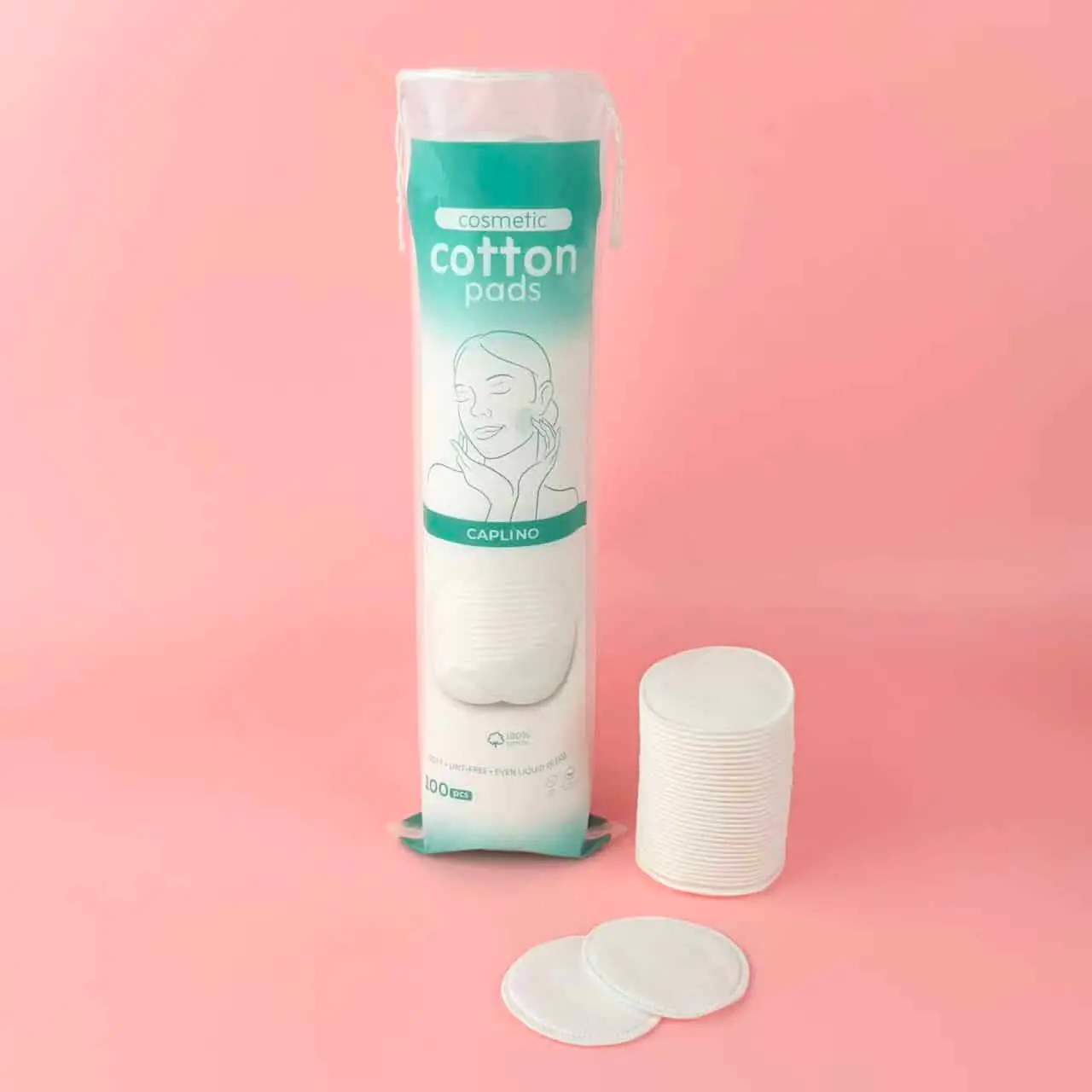 Caplino cosmetic cotton pads packaging, showing 100 pieces label clearly. - thumbnail