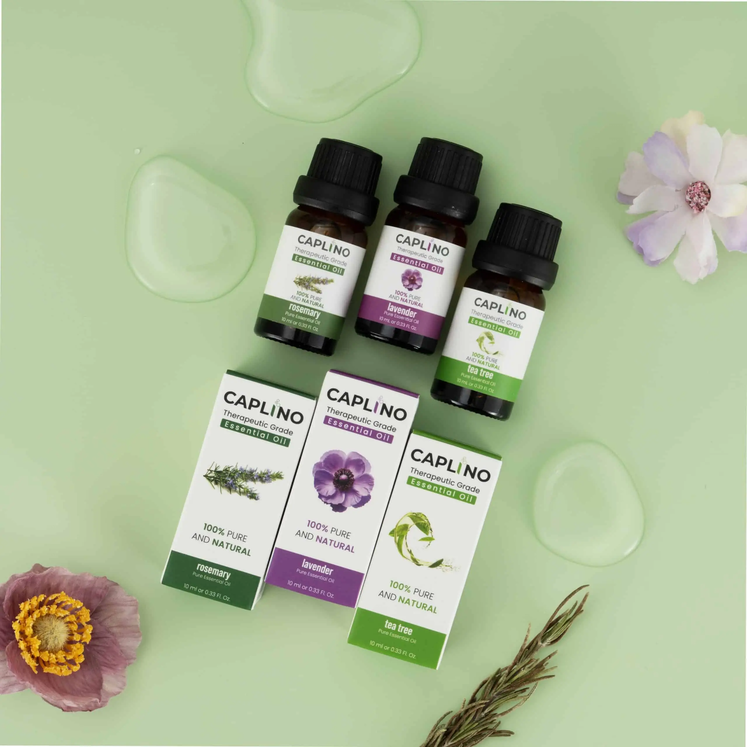 A clear golden drop of Caplino lavender essential oil dispensed from its glass dropper. - thumbnail