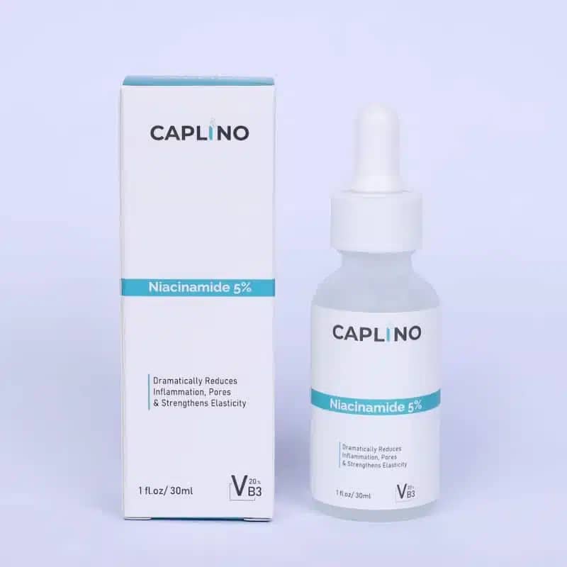 Caplino Niacinamide Serum 5% Vitamin B3 clear glass bottle with white dropper, front view. - thumbnail