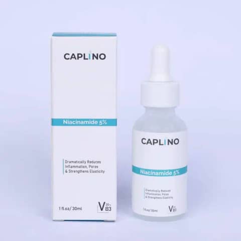 Caplino Niacinamide Serum 5% Vitamin B3 clear glass bottle with white dropper, front view.