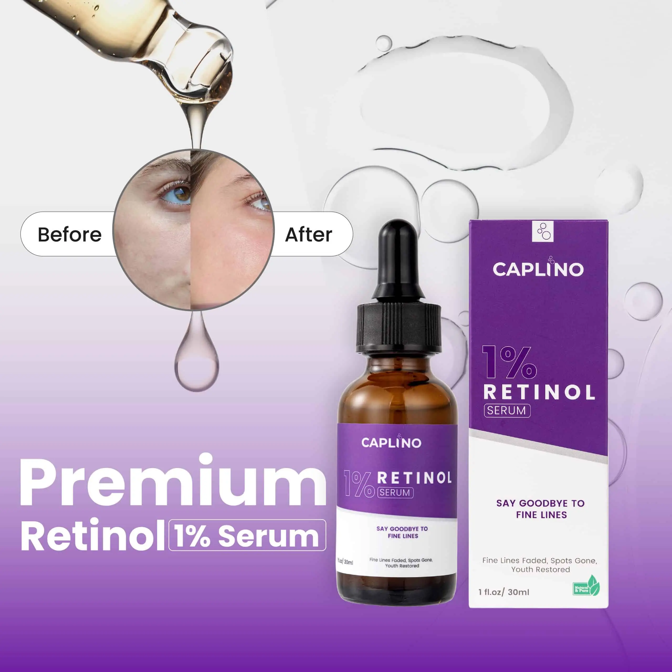 Angled view of Caplino 1% Retinol Serum bottle and its white-orange packaging box together. - thumbnail