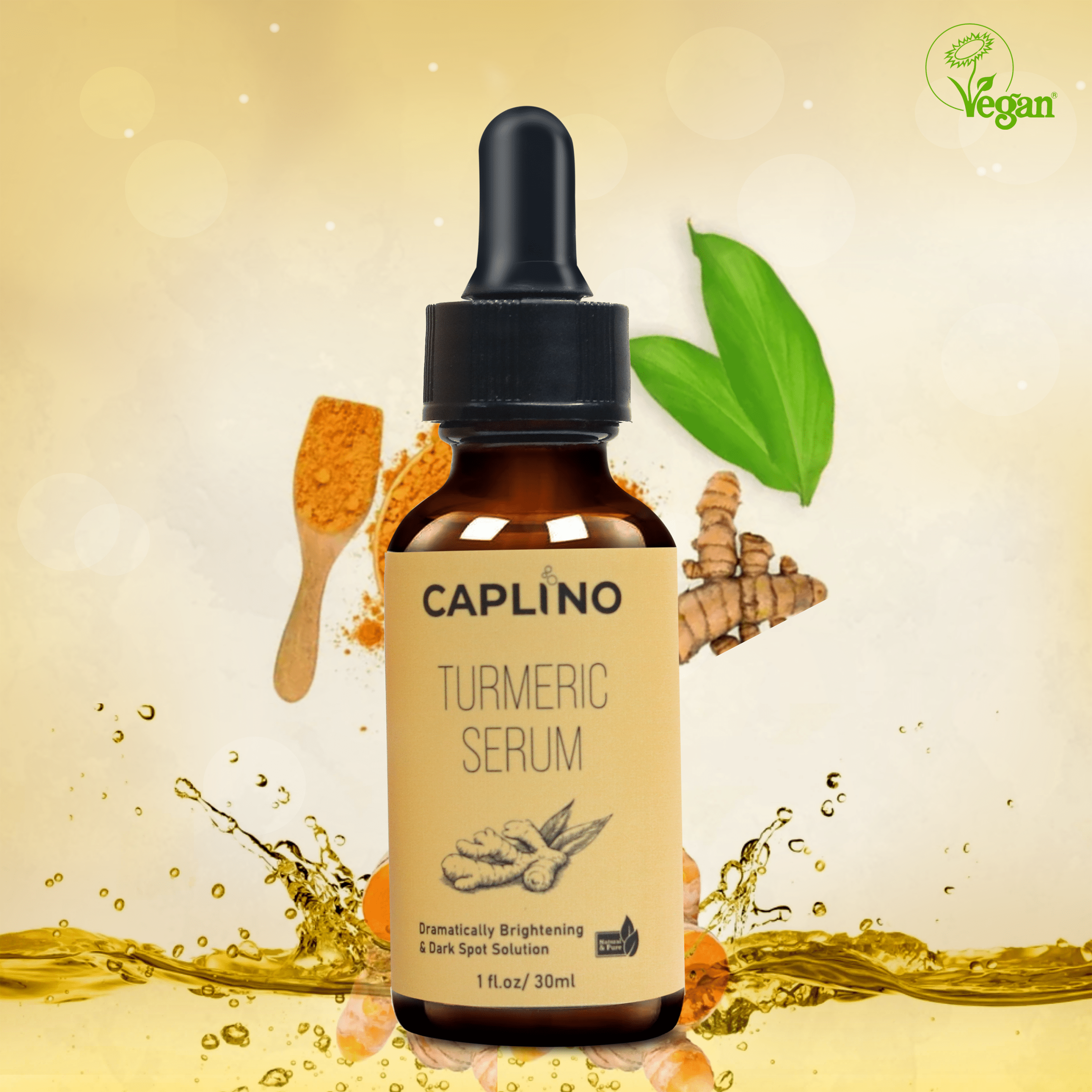 Caplino Turmeric Serum bottle with the dropper tip showing a golden serum drop. - thumbnail