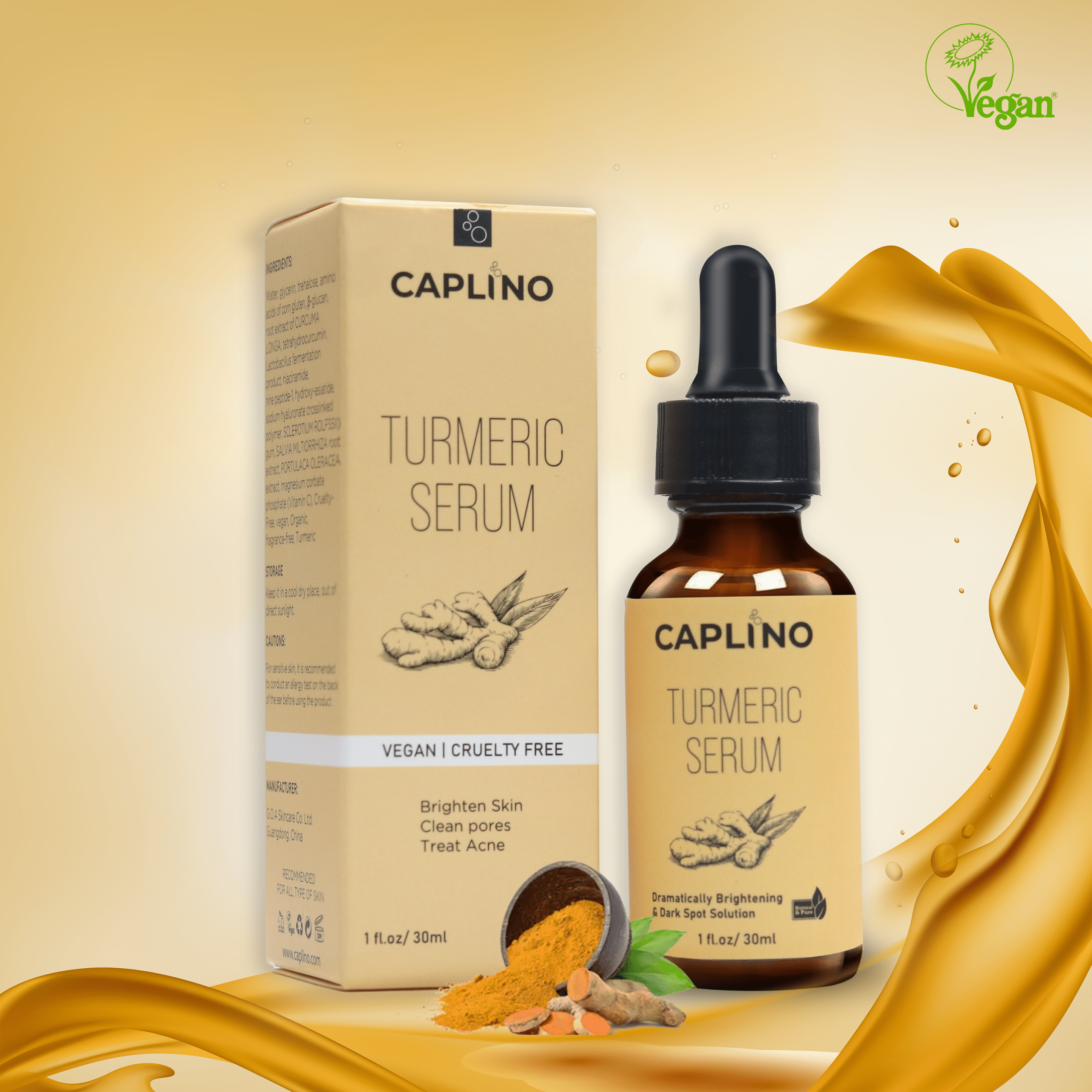 Caplino Turmeric Serum 30ml bottle back, displaying the white ingredients label clearly. - thumbnail