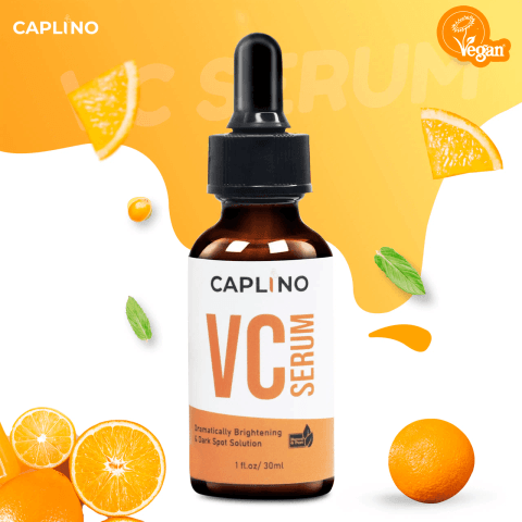 Caplino Brightening Vitamin C Serum 30ml bottle, vibrant orange liquid, white dropper cap, clearly displayed.
