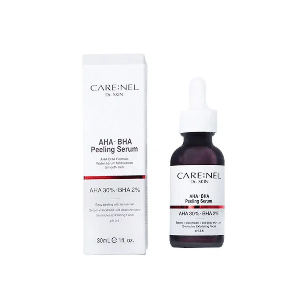 Carenel AHA BHA Peeling Serum 30ml in a clear glass bottle with a white dropper cap. - thumbnail