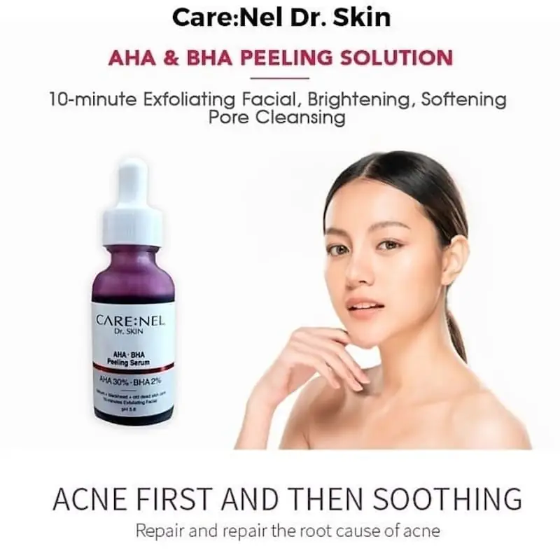 Carenel AHA BHA Peeling Serum clear glass bottle held gently in a hand, ready for use. - thumbnail