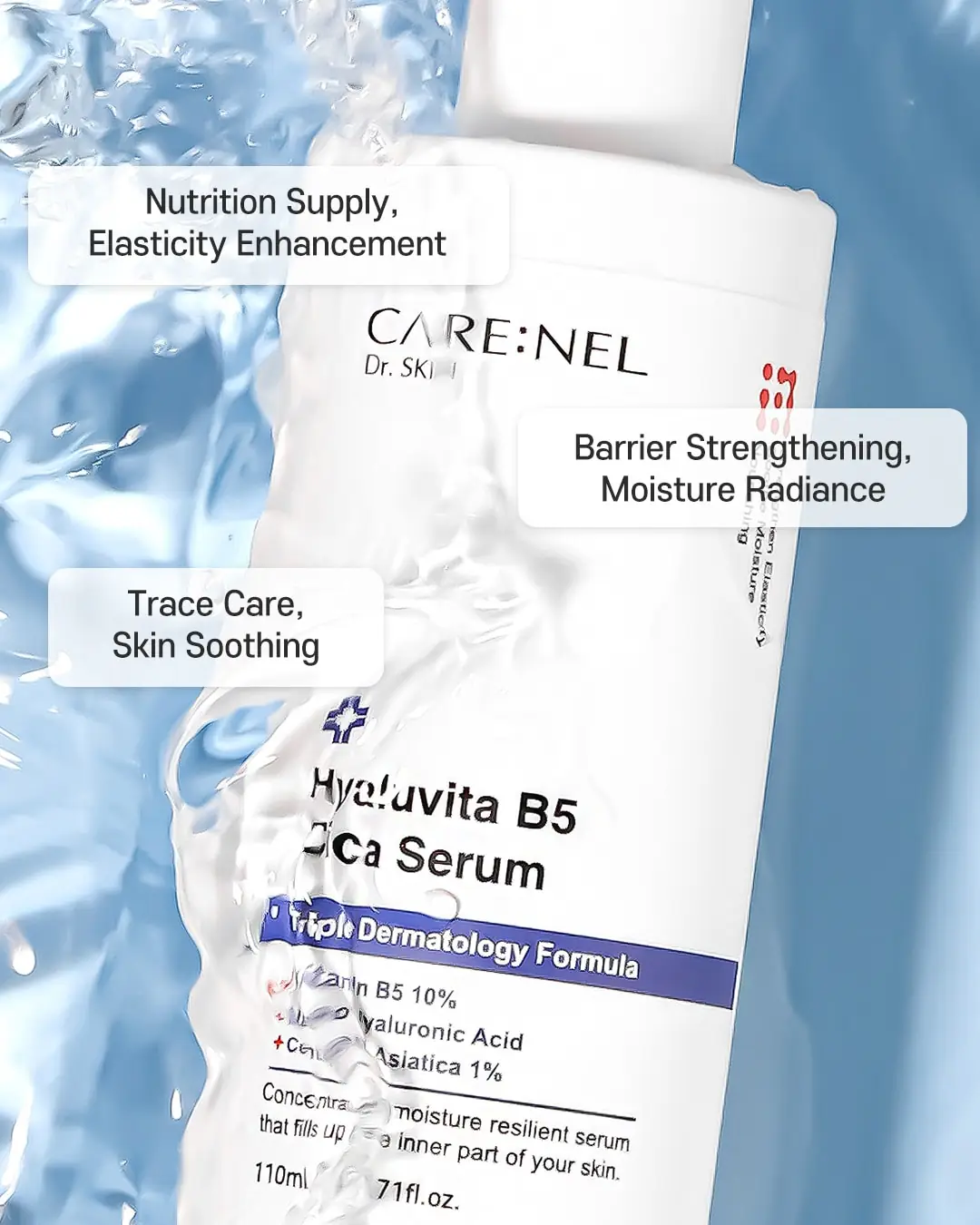 Carenel Hyaluvita B5 Cica Serum bottle, showing a clear serum drop on surface and dropper. - thumbnail