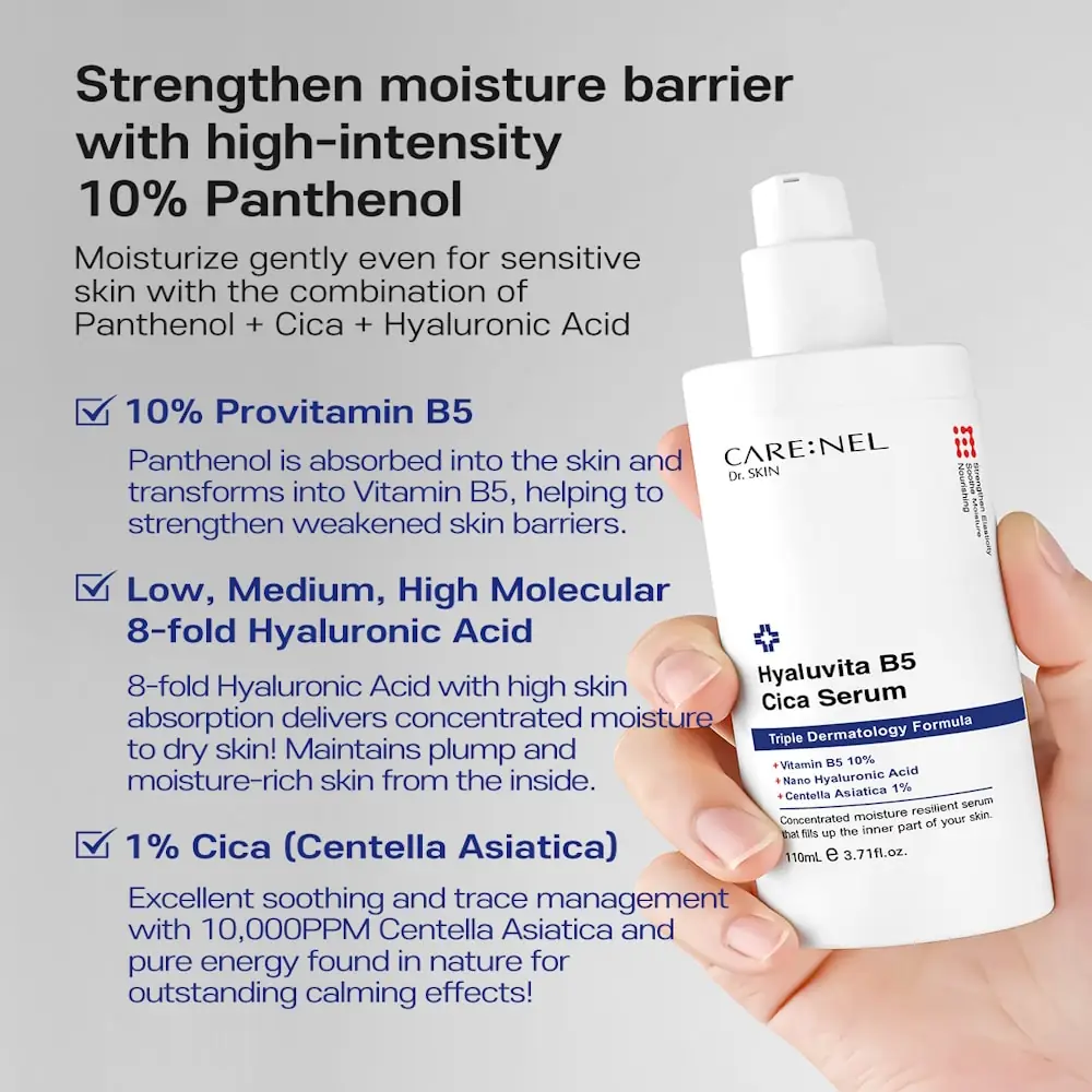 Close-up of Carenel Hyaluvita B5 Cica Serum label, highlighting the product name details. - thumbnail