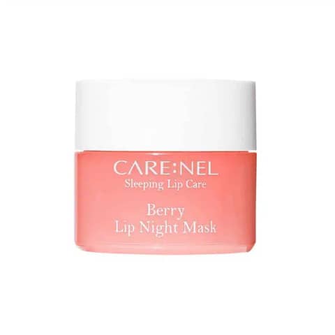 Carenel Lip Night Mask 5g Berry in its light pink round jar with white lid.