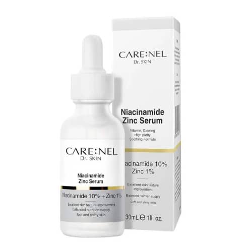 Carenel Niacinamide 10% Zinc 1% serum in a white dropper bottle with blue label.