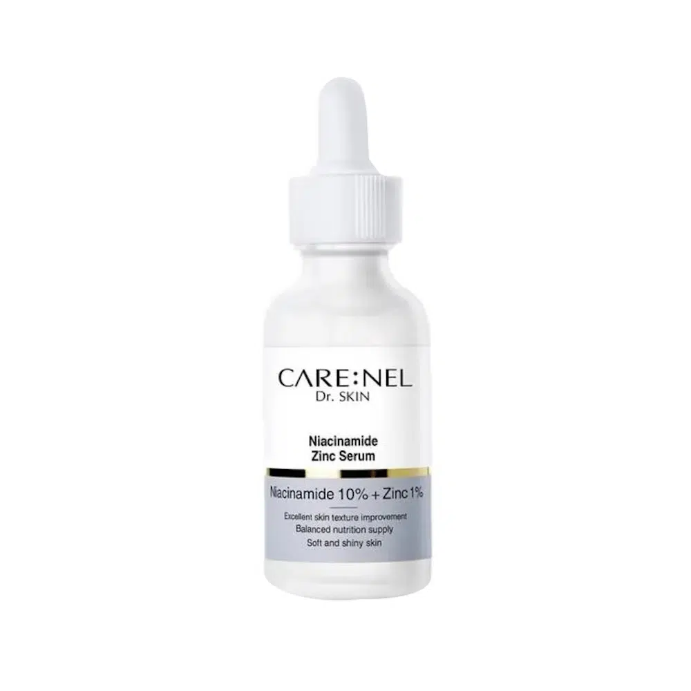 Front and back view of Carenel Niacinamide 10% Zinc 1% serum bottle packaging. - thumbnail