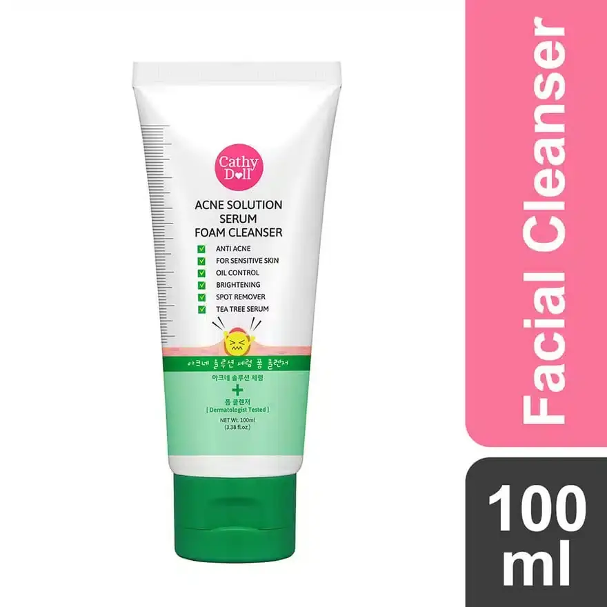 Cathy Doll Acne Solution Serum Foam Cleanser 100ml white tube with green and pink label, upright angle. - thumbnail