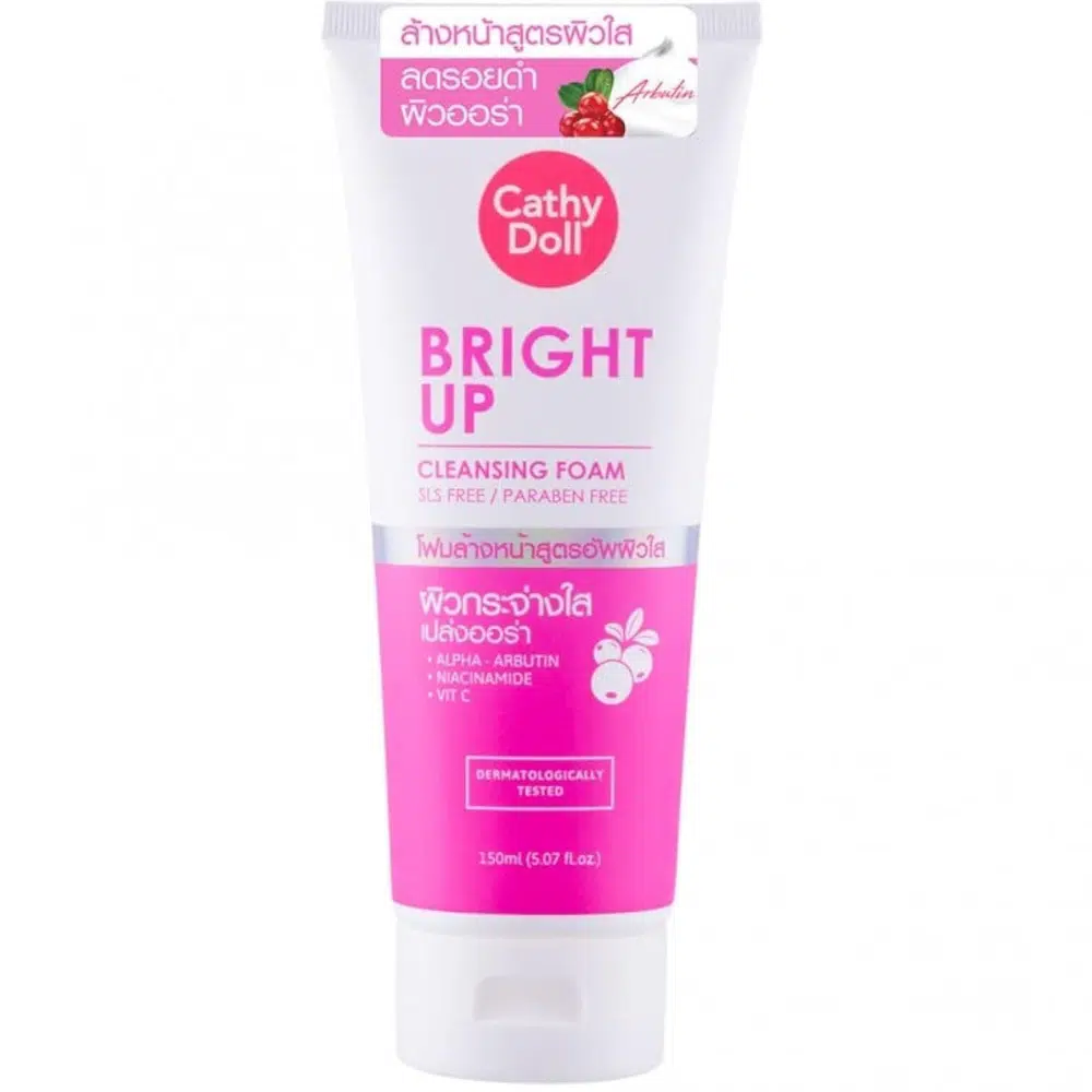 Front view of Cathy Doll Bright Up Cleansing Foam 150ml, white tube with pink and gold details.