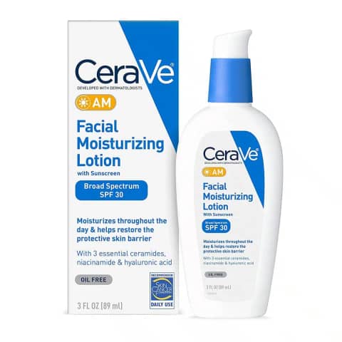 Upright Cerave AM Facial Moisturizing Lotion with Sunscreen 60ml white pump bottle.