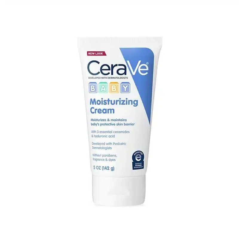 Cerave Baby Moisturizing Cream 142g in a white tube with blue flip cap, angled on white. - thumbnail