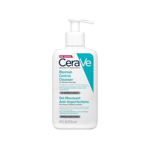 Cerave Blemish Control Cleanser 236ml in its white pump bottle, clearly displayed on a white background.