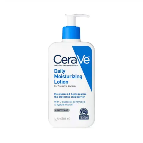 Cerave Daily Moisturizing Lotion 355ml white pump bottle for normal to dry skin, front view.