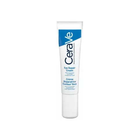 CeraVe Eye Repair Cream 14ml white tube with blue cap, standing on display.