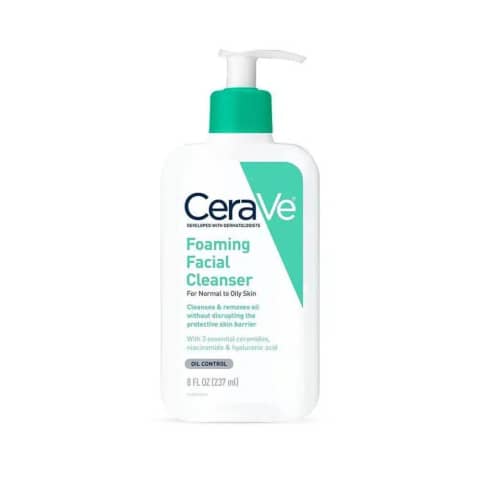 Cerave Foaming Facial Cleanser 237ml white bottle with blue label and pump dispenser, front view.