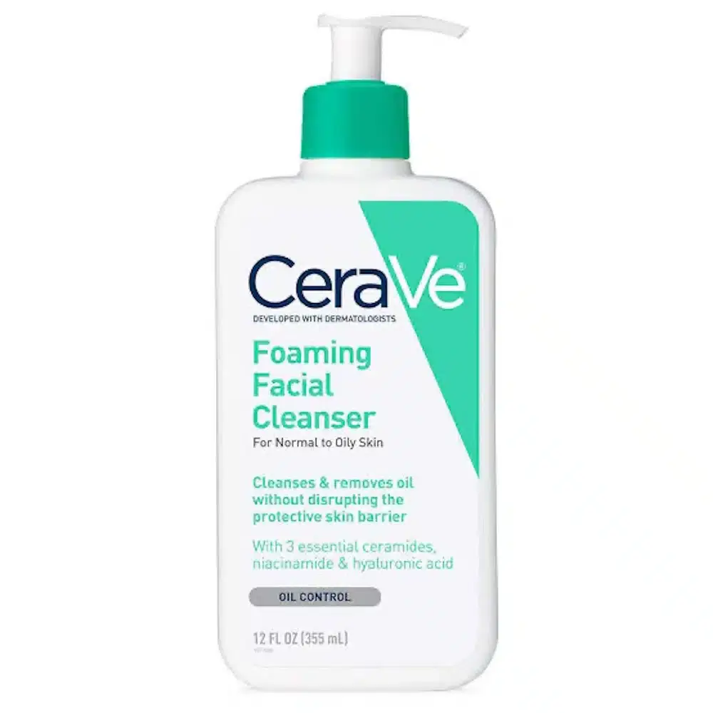 CeraVe Foaming Facial Cleanser 355ml pump bottle, white and blue label, upright front view. - thumbnail