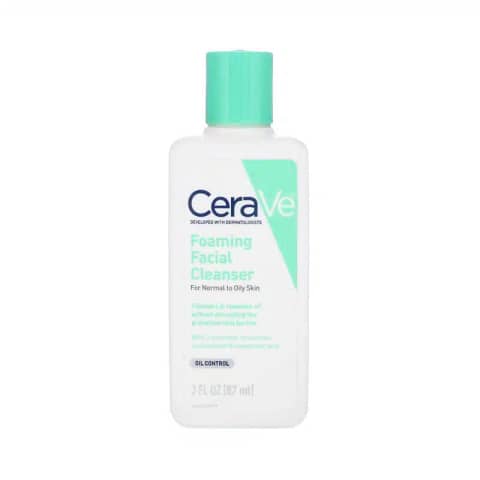 Upright Cerave Foaming Facial Cleanser 87ml bottle, white with blue pump, for normal to oily skin.