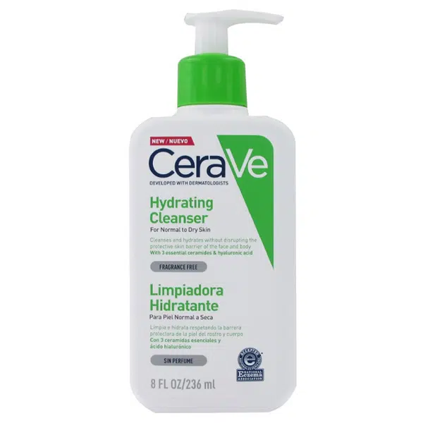 Front view of CeraVe Hydrating Cleanser 236ml bottle with a green pump for normal to dry skin.