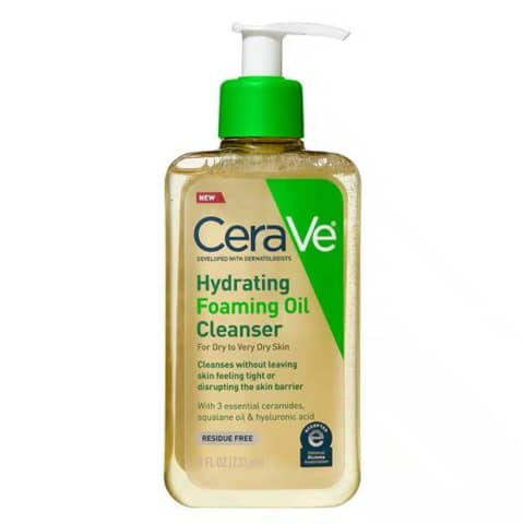 Cerave Hydrating Foaming Oil Cleanser, white bottle with blue pump for dry to very dry skin.