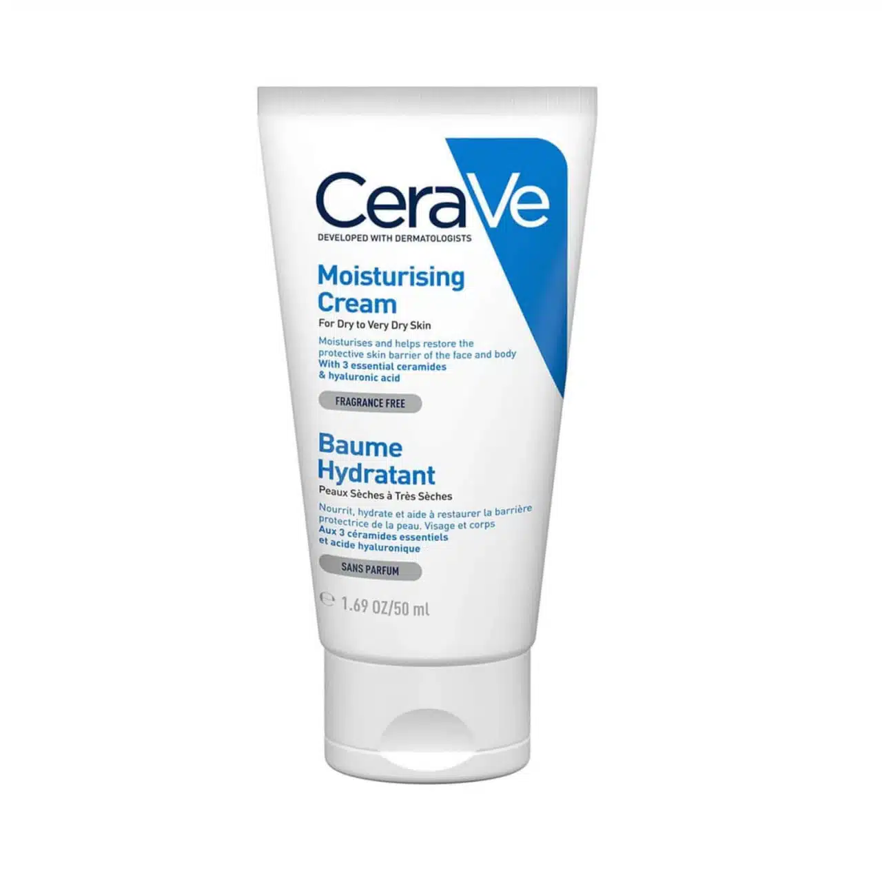 CeraVe Moisturising Cream 50ml white tube with blue cap, standing upright, front view. - thumbnail