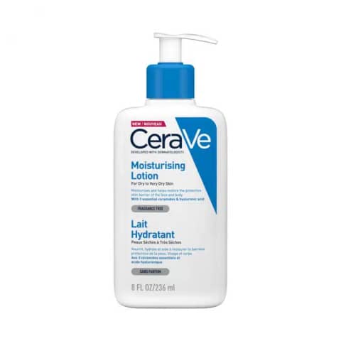 Upright Cerave Moisturizing Lotion 236ml, white pump bottle for dry to very dry skin.