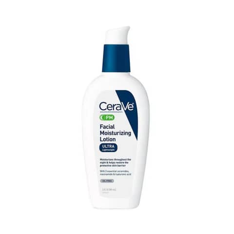 Upright Cerave PM Facial Moisturizing Lotion 89ml white bottle with blue accents and pump dispenser.