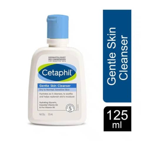 Cetaphil Gentle Skin Cleanser 125ml for sensitive skin, white bottle, green cap, upright.