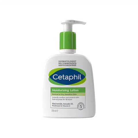 Cetaphil Moisturising Lotion 236ml white bottle with blue pump for sensitive normal to dry skin.