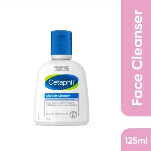 Cetaphil Oily Skin Cleanser 125ml white bottle, green cap, clearly showing label for sensitive skin.