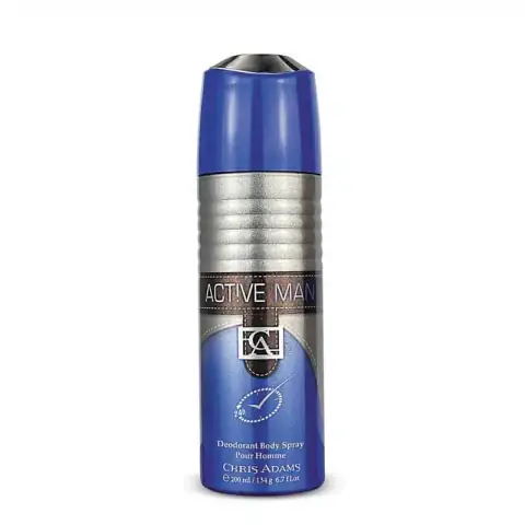 Chris Adams Active Man 200ml deodorant body spray, dark blue bottle with silver branding, front view.