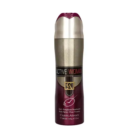 Chris Adams Active Woman deodorant body spray, 200ml pink-purple gradient cylindrical bottle, standing upright.