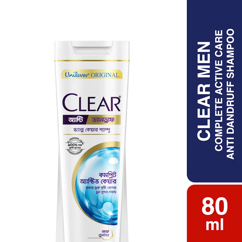 Clear Complete Active Care Anti-Dandruff Shampoo 80ml bottle, white with blue cap, man on label.