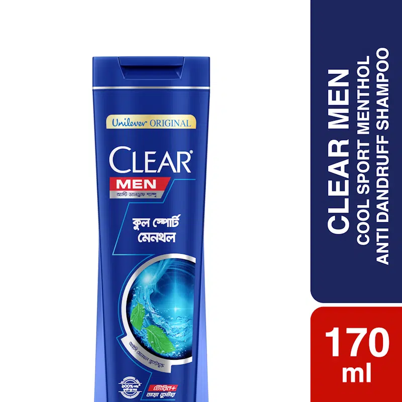 Clear Men Cool Sport Menthol anti-dandruff shampoo, 170ml dark blue bottle, clear label, silver cap.