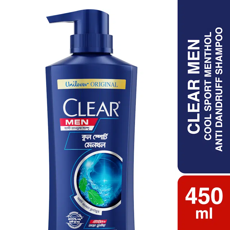 Clear Men Cool Sport Menthol Anti Dandruff Shampoo 450ml bottle, dark blue with silver flip-top.