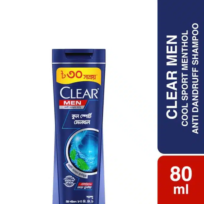 Clear Men Cool Sport Menthol Anti Dandruff 80ml shampoo bottle, dark blue with light cap, front view. - thumbnail